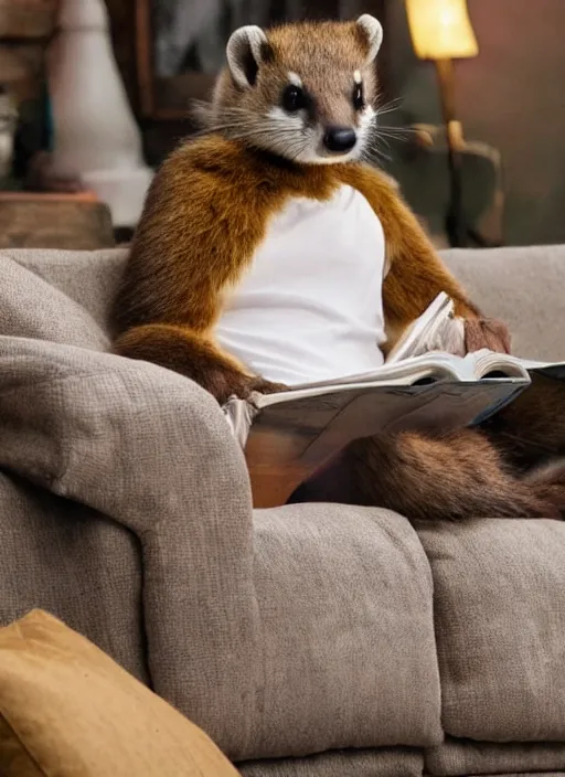 Image similar to A beautiful scene from a 2022 Marvel film featuring a humanoid pine marten in loose clothing reading on a couch. An anthropomorphic pine marten wearing a white shirt. Golden hour.