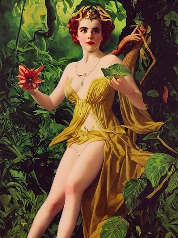 Image similar to kiernan shipka as the goddess Lilith mother of witches and vampires, a beautiful art nouveau portrait by Gil elvgren, moonlit lush jungle garden of Eden environment, centered composition, defined features, golden ratio, intricate gold jewlery