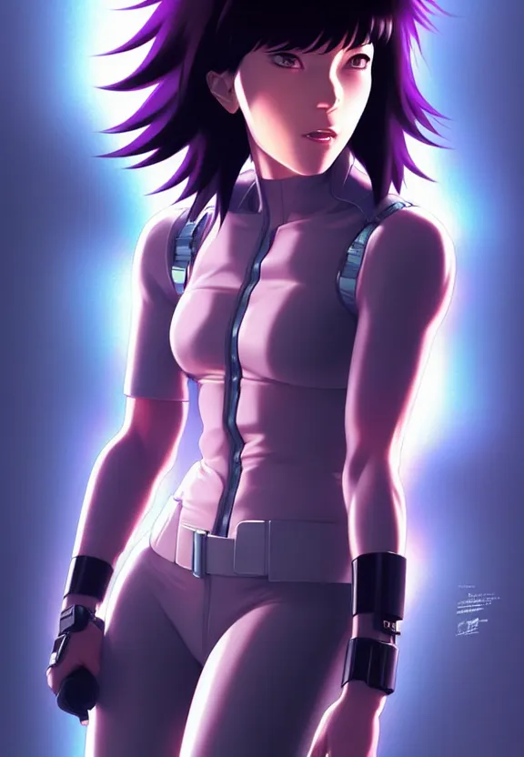 Image similar to a fullbody portrait of motoko kusanagi the major ghost in the shell : : connected to cables, under repairs, maintenance area, technicians : : by ilya kuvshinov, rossdraws, artgerm, sola digital arts, anti aliasing, raytracing : :