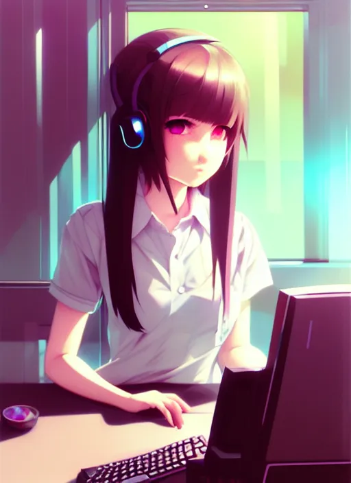 Image similar to a film still polaroid portrait of a young gamersgirl at her computer, detailed features, perfect art, busy room, hd, gapmoe yandere, trending on pixiv, focussed painted art, by wlop, ilya kuvshinov, artgerm, krenz cushart, pixiv