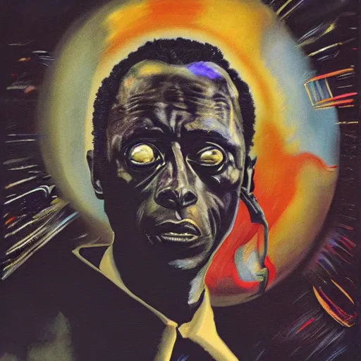 Prompt: The horror of Miles Davis' eyes, by Dave McKean, no borders, high quality, 8k, trending on Artstation, surreal