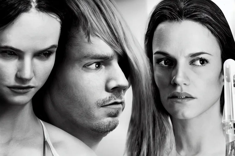 Image similar to movie closeup polar opposites, couple, researchers in a futuristic weapons lab, beautiful skin, Symmetrical faces. Beautiful lighting by Emmanuel Lubezki