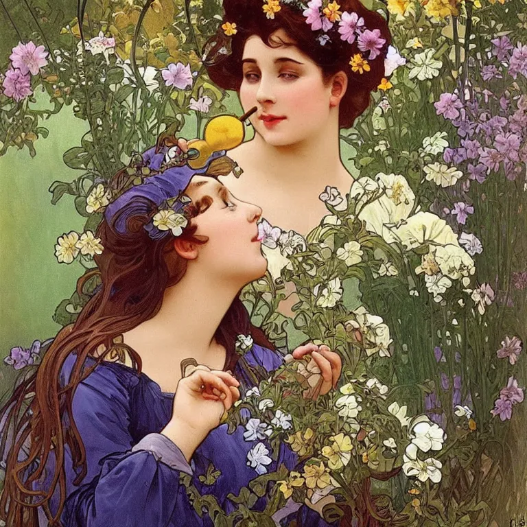 Image similar to a beautiful woman in a beautiful garden blowing bubbles. beautiful painting with high quality detailed face by disney and alphonse mucha