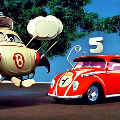 Image similar to promotion movie still of the car in'herbie the love bug'film ( 1 9 6 8 ). cinematic, 4 k, imax, 7 0 mm