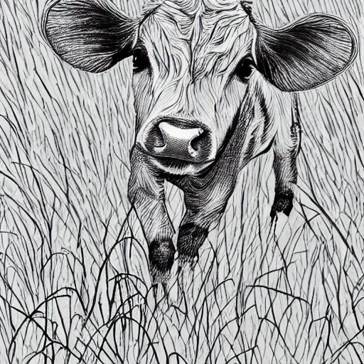 Prompt: a beautiful intricate line drawing of a cute calf running on a meadow