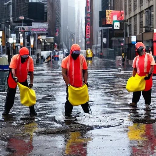 Image similar to a group of cleaners with mops fighting puddles in rainy new york street