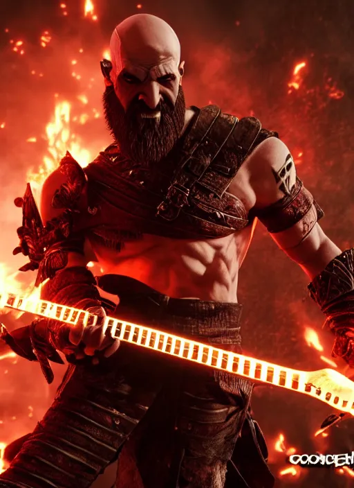 Image similar to red facial stripe armored screaming kratos rocking hard on a flaming stratocaster guitar, cinematic render, god of war 2 0 1 8, playstation studios official media, lightning, flames, clear, coherent, guitar