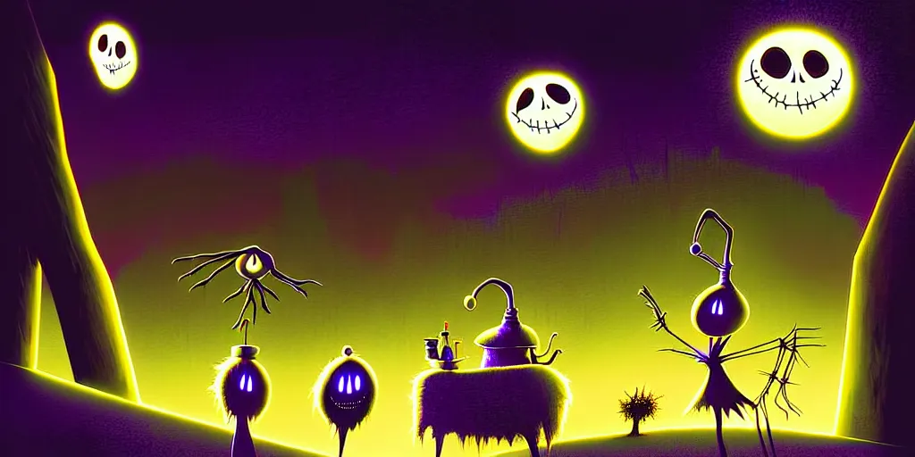 Prompt: curved perspective digital art of a kitchen without windows lights off from tim burtons nightmare before christmas by petros afshar