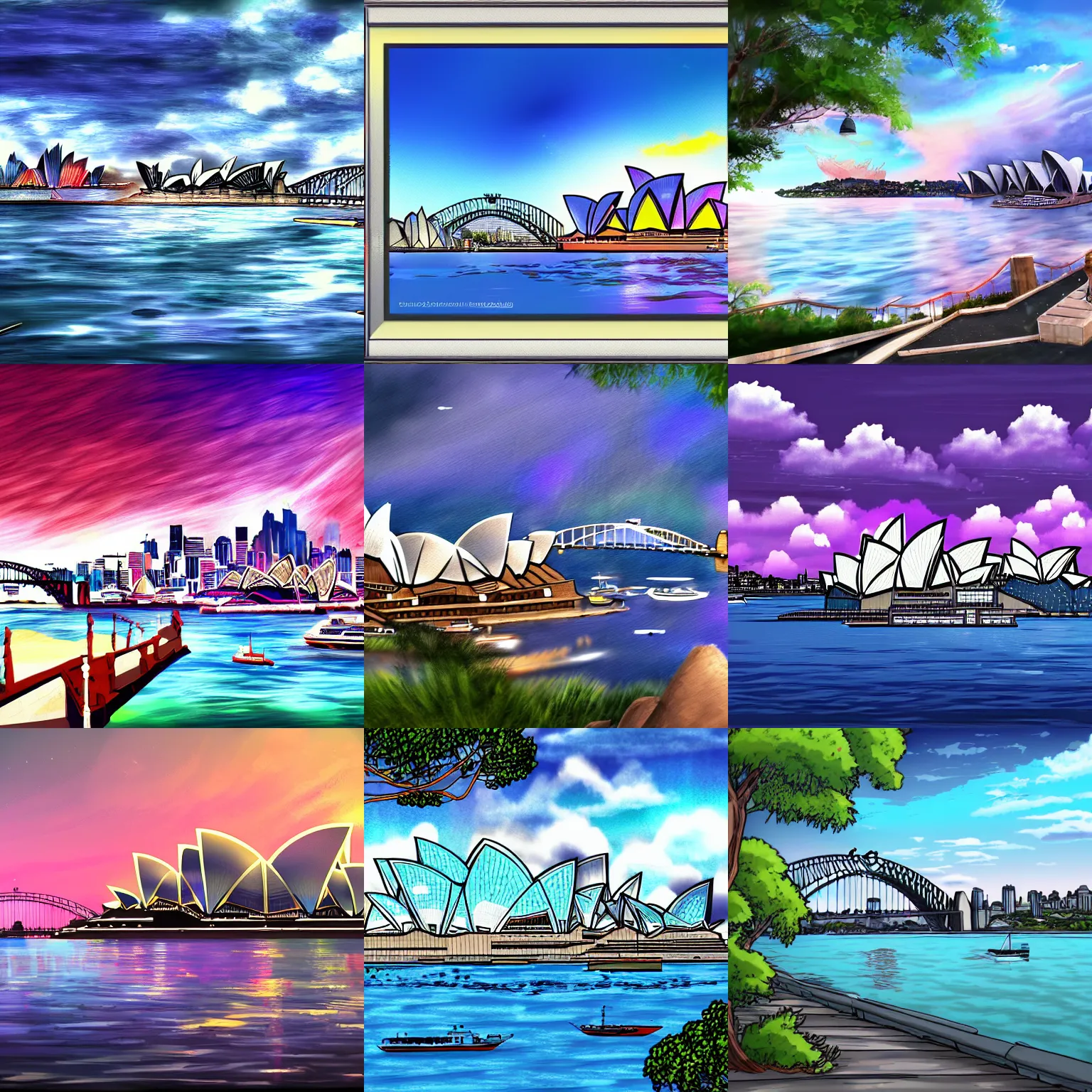 Prompt: landscape sydney harbour, digital art, anime