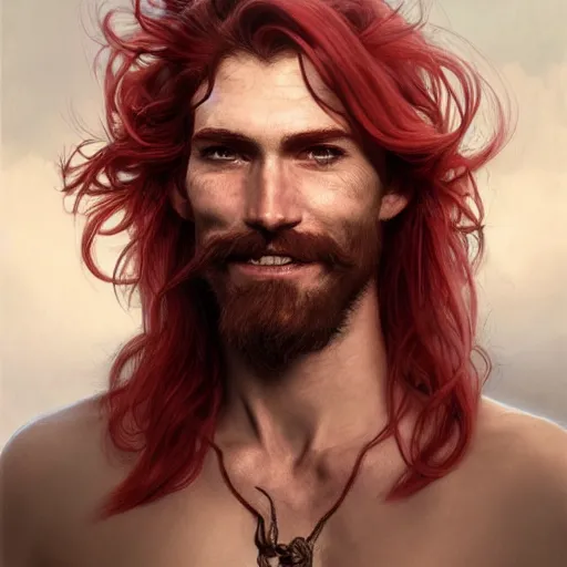 Prompt: portrait of a young ruggedly handsome but joyful pirate, male, masculine, upper body, red crimson crimson hair, long long flowing hair, fantasy, very smug smirk, intricate, elegant, highly detailed, digital painting, artstation, concept art, matte, sharp focus, illustration, art by artgerm and greg rutkowski and alphonse mucha