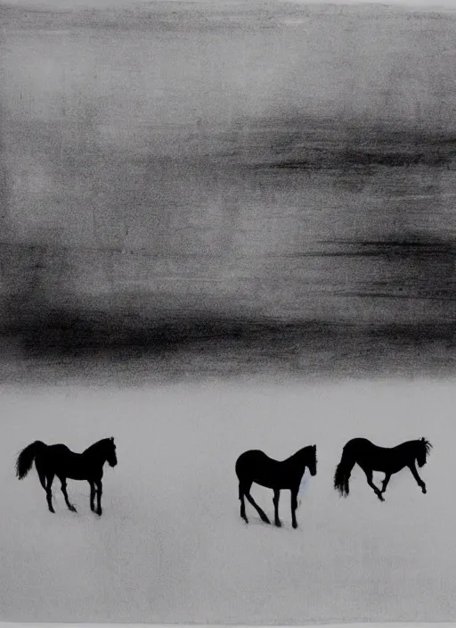 Prompt: three horses running in a field, by norman ackroyd