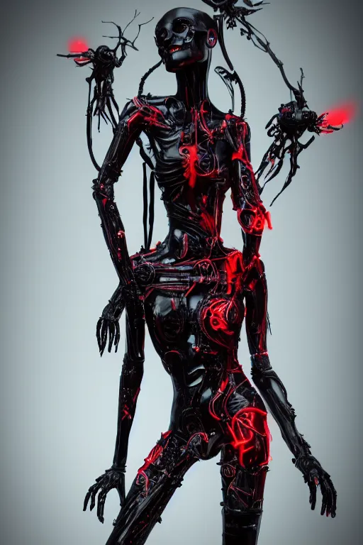 Prompt: full-body cyberpunk style sculpture of a young beautiful dark priestess, half android with a head opening exposing circuitry. glowing red eyes, black roses, flowing blood-red colored silk. fabric, candles. baroque elements. human skull. full-length view. baroque element. intricate artwork by Caravaggio. crows flying in background. Trending on artstation, octane render, cinematic lighting from the right, hyper realism, octane render, 8k, depth of field, 3D