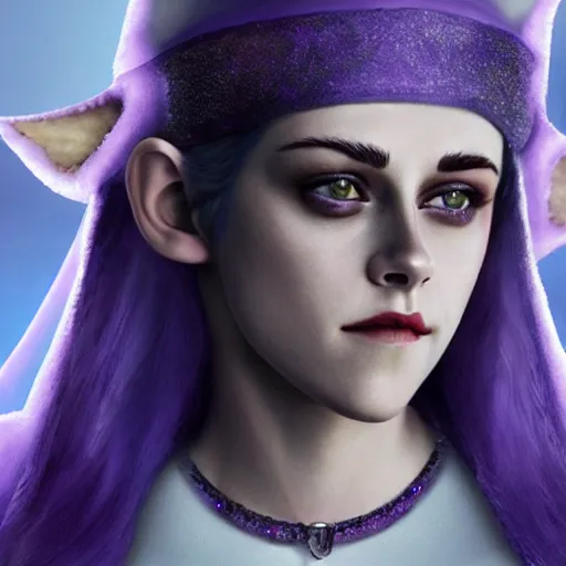 Prompt: Kristen Stewart as a smiling Elf wizard with white hair and purple skin. Photorealistic digital art trending on artstation, artgem, 4k HD.