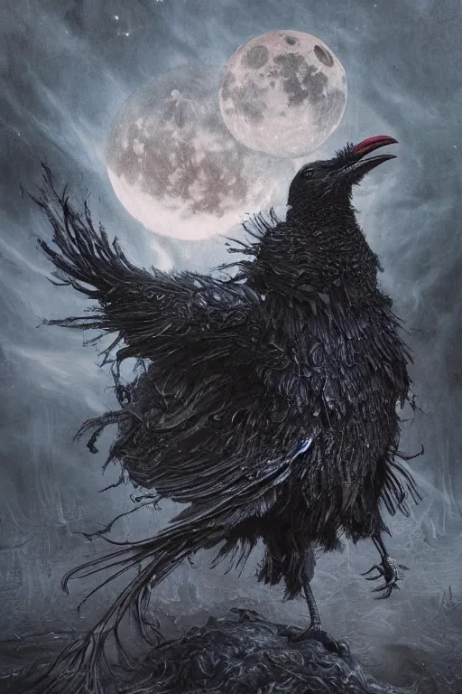 Prompt: Intricate stunning highly detailed surreal raven by Seb McKinnon, sculpture, ultra realistic, Horror, full blood moon, thick swirling smoke tornado, fire embers, trending on artstation