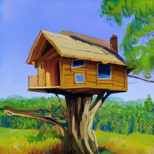 Prompt: treehouse in the countryside on a sunny day, peaceful, brush strokes