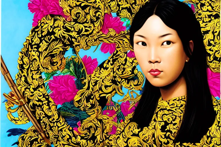 Image similar to am asian girl pirate with iridescent skin by kehinde wiley