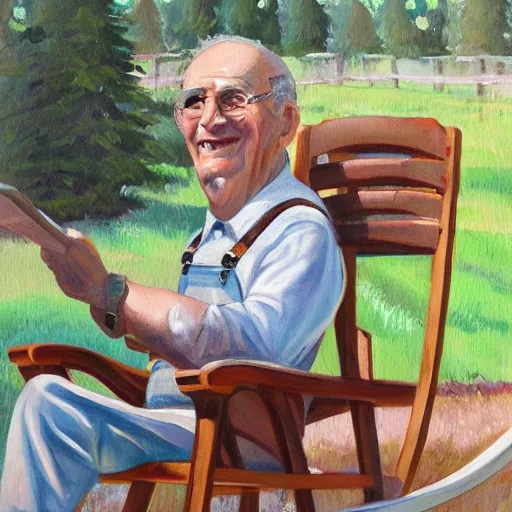 Image similar to a painting of grandpa yocheved wearing overalls on a rocking chair, telling stories, cute and wonderful vivid painting