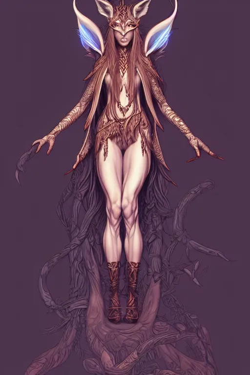 Image similar to digital art, centered full body elven with fox headdress ,intricate, veins, by James Jean and by artgerm , by ross tran, ultradetailed, charachter design, concept art, trending on artstation,