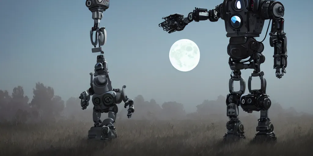 Image similar to robot pointing to the moon, trending on artstation