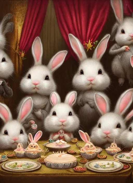 Image similar to highly detailed group closeup portrait of cute bunnies having a birthday party banquet in a castle, unreal engine, nicoletta ceccoli, mark ryden, earl norem, lostfish, global illumination, god rays, detailed and intricate environment