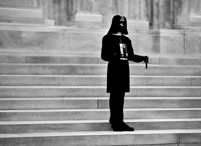 Image similar to death gives inaugural address on the steps of the capitol, 3 5 mm photography, highly detailed, cinematic lighting, standing pose, fully body shot, holding lightsaber 4 k