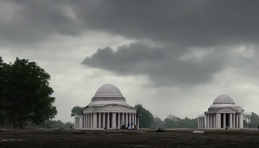 Prompt: destroyed jefferson memorial, cloudy day, debris, dust, hyperdetailed, artstation, cgsociety, 8 k