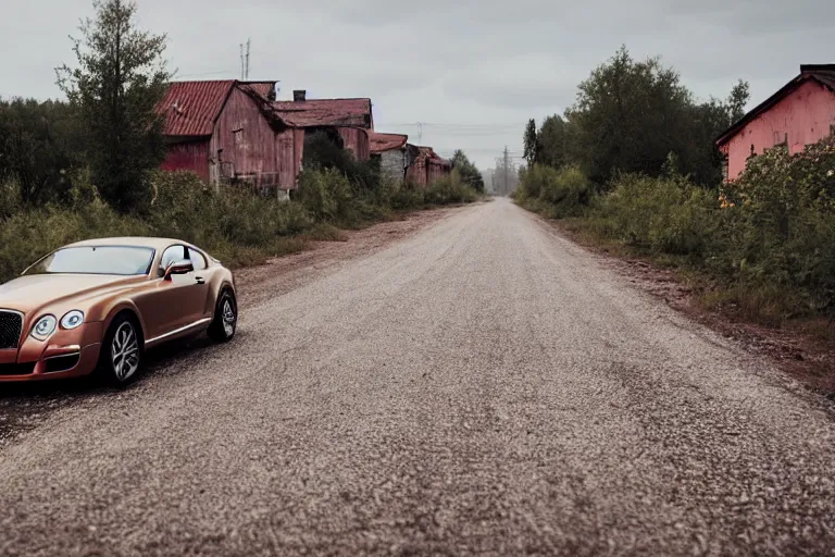 Image similar to rusty Bentley Continental GT drives along the road of an old Russian village with houses at the edges