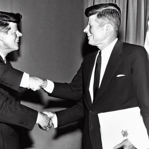 Image similar to a black and white photo of president kennedy shaking hands with a 1 9 5 0 s space alien