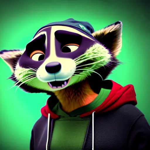 Image similar to a very relaxed stoner with a black hoodie on with a marijuana themed dark green raccoon head from zootopia, wearing beanie, smoking, 3 d render, extremely detailed fur, wearing a marijuana t - shirt
