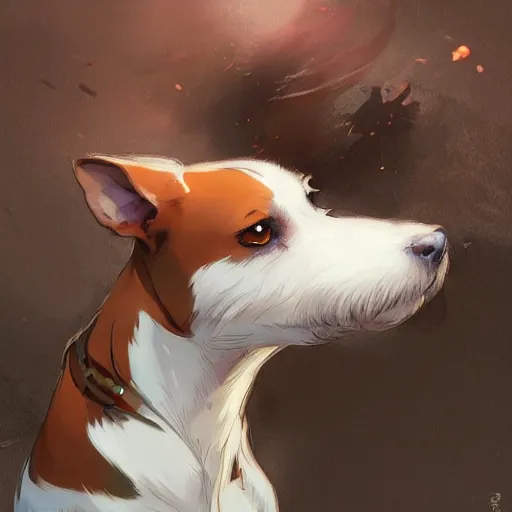 Image similar to jack russel terrier surprised, trending on art station, by krenz cushart and mucha and akihito yoshida and greg rutkowski and makoto shinkai