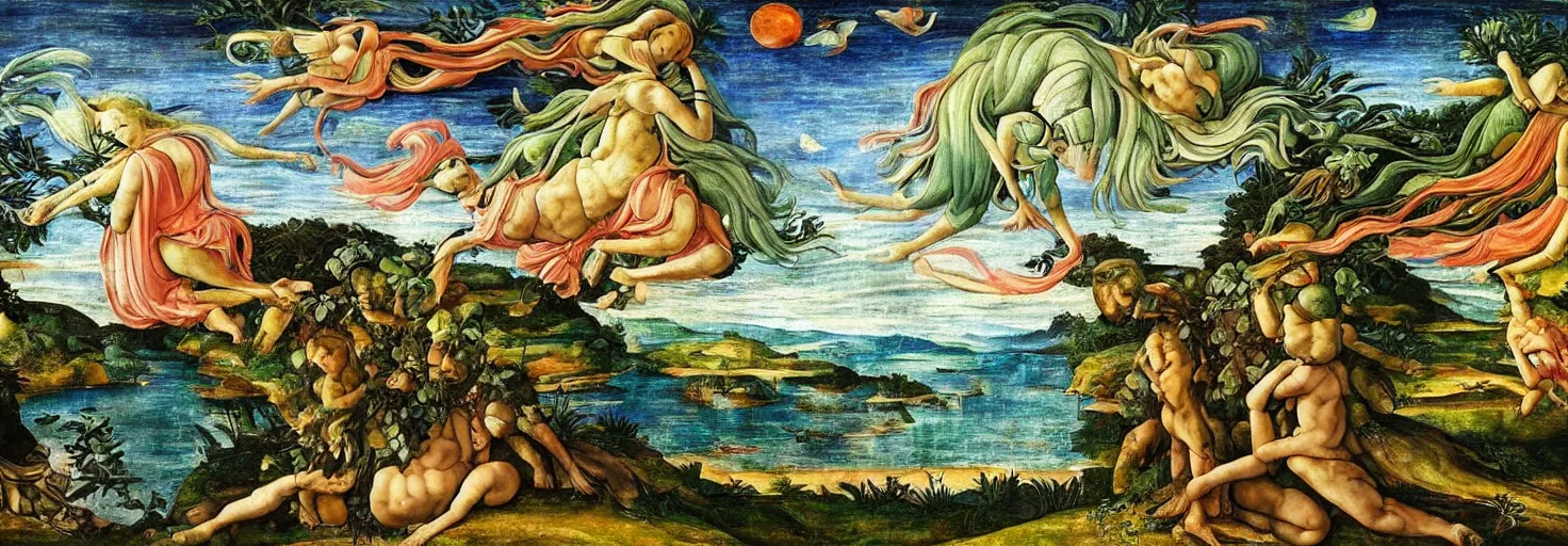 Image similar to beautiful landscape mural of an alien planet, lush landscape, vivid colors, intricate, highly detailed, masterful, fantasy world, in the style of sandro botticelli, caravaggio, albrecth durer