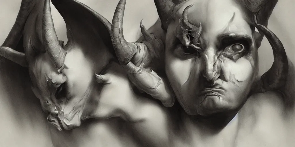 Image similar to highly detailed black and white photography of one face with pointed horns, hand gesture, beautiful, dark, masterpiece, art by durero, rubens, riccardo federici, roberto ferri, james jean, craig mullins, illustration, draw, spatula, splash