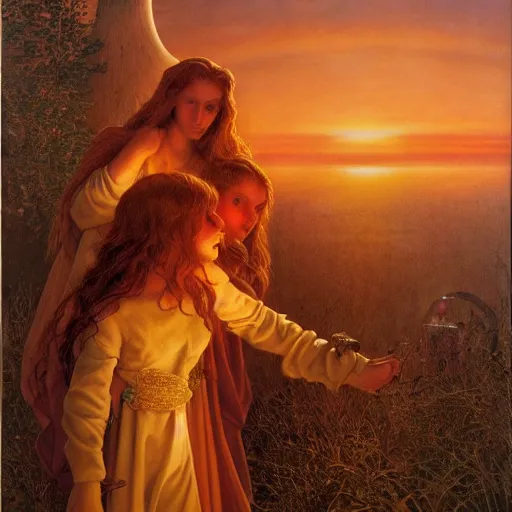 Image similar to Soul eating angels satisfy their hunger, light illumination at sunset, by James C. Christensen height 768-C 9.0