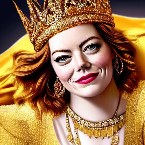 Image similar to A portrait of Emma Stone wearing a golden Arabian crown , royality, high quality, fully detailed, 4k