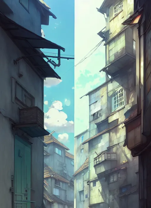 Prompt: 2 face - to - face window above a narrow street. illustration concept art anime key visual trending pixiv fanbox by wlop and greg rutkowski and makoto shinkai and studio ghibli