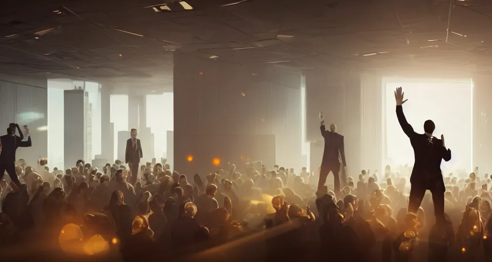 Image similar to Dramatic photo of a CEO waving to a large group of his coworkers in a futuristic office. Golden coins are levitating all around them. 8k, high detail, trending on Artstation, volumetric lighting, cyberpunk