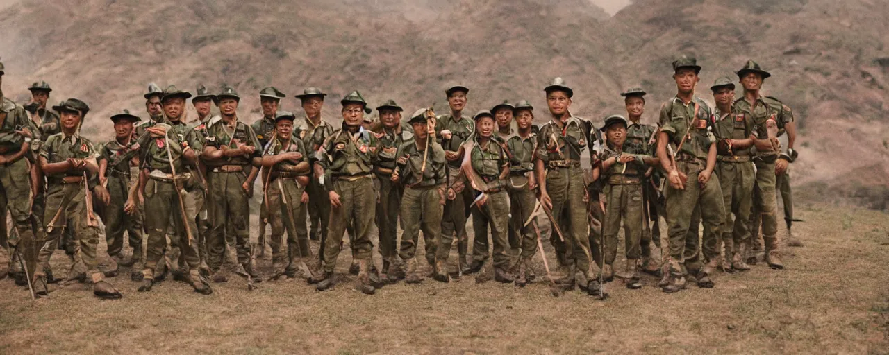 Image similar to a brigade of gurkhas pose valiantly after a well - foughtt victory, small details, intricate, 5 0 mm, cinematic lighting, photography, wes anderson, film, kodachrome