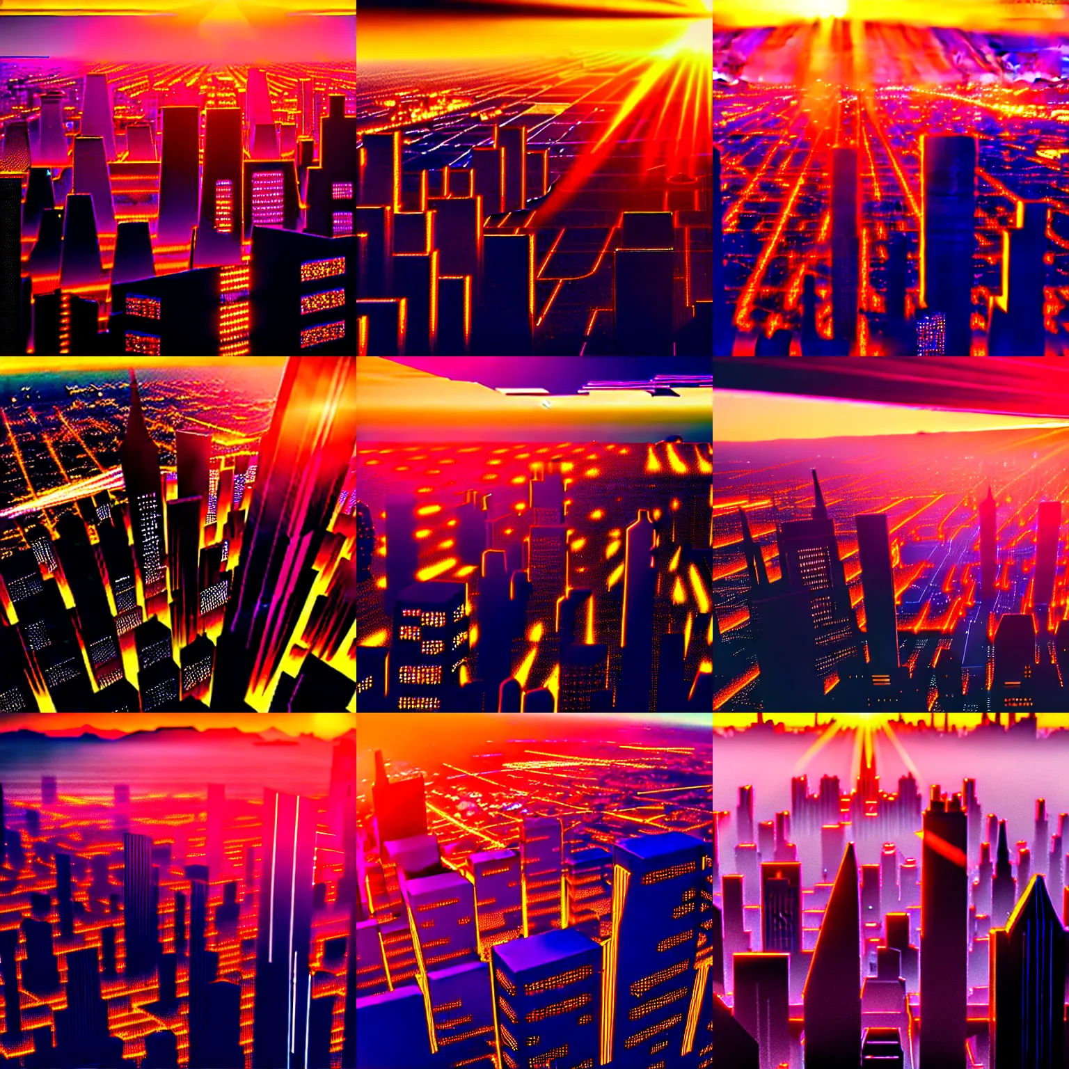 Prompt: detailed photo of a cyberpunk Art Deco city seen from above at sunset, god rays