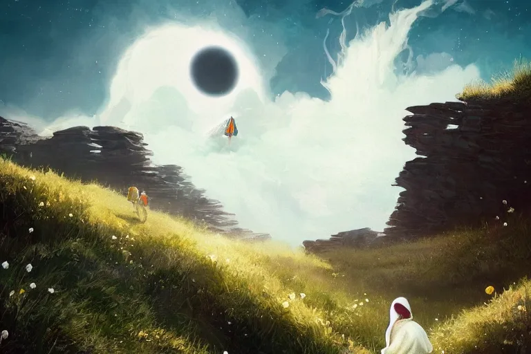 Image similar to giant white daisy flower on head, girl walking on cliff, surreal photography, solar eclipse, milky way, dramatic light, impressionist painting, clouds, digital painting, artstation, james gilleard, liam wong, jeremy mann, simon stalenhag