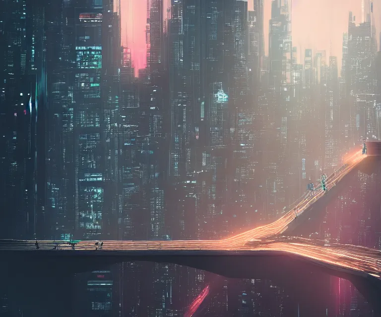 Image similar to a man standing on top of a bridge over a city, cyberpunk art by Vincent Lefevre, behance contest winner, altermodern, cityscape, synthwave, matte painting