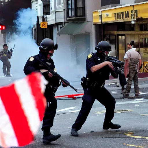 Image similar to firefight in san francisco streets, muzzle flashes, smoke, guns blazing, police vs the mafia