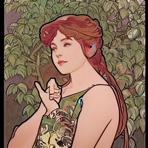 Prompt: “ a girl looking down at a bonsai!!!!!!!! tree, very detailed, by alphonse mucha and paul pope ”
