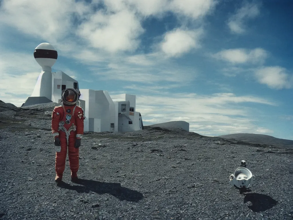 Prompt: tourist astronaut in the Isle of Harris, Scotland, a spaceship in the background, 35 mm lens, Fuji Provia film, taken with a Hasselblad camera, photorealistic