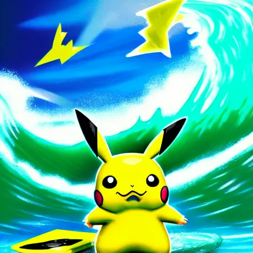 Image similar to pikachu surfing on a wave made of green slime, pokemon tcg image, trending on artstation