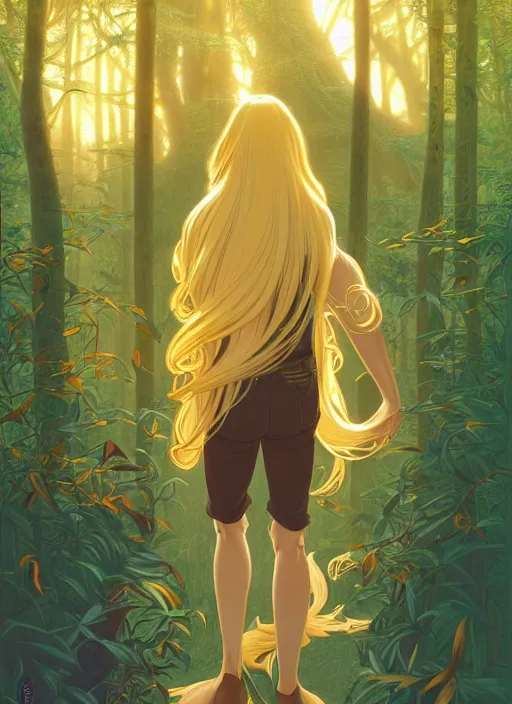 Image similar to book cover design, slender young man with long golden blond hair, shiny and sparkling, from behind, back shot, lost in a magical forest, natural lighting, path traced, highly detailed, high quality, cartoon, digital painting, by don bluth and ross tran and studio ghibli and alphonse mucha