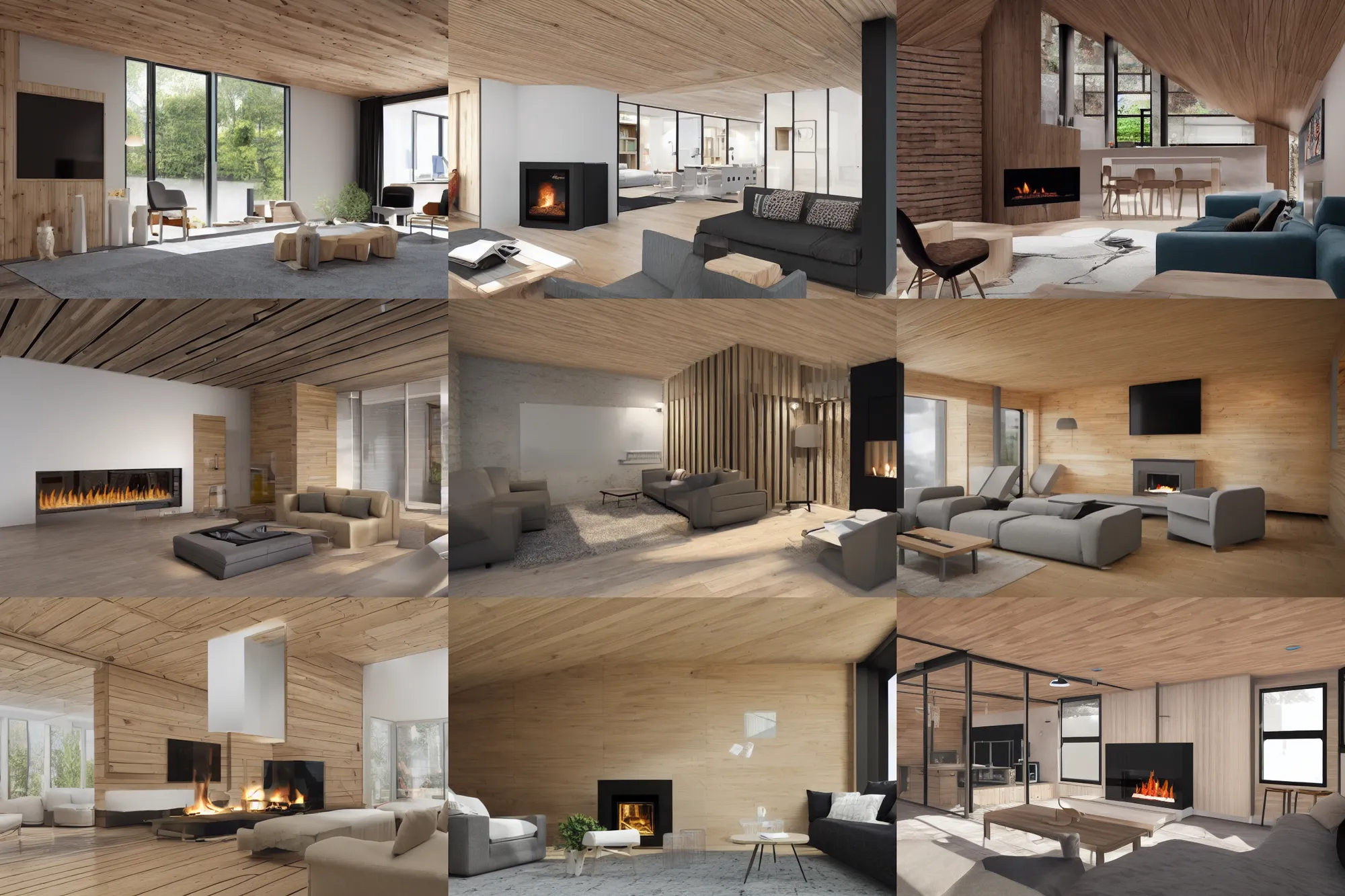Prompt: data centre, wooden cottage, livingroom, fireplace, concept art