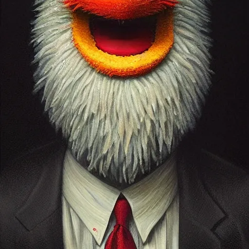 Prompt: a hyperrealistic acrylic portrait painting of the sesame street bert wearing a white lawyer's wig by artgerm, beksinski and thomas kinkade. intricate details. believable eyes. front on, symmetrical. head to shoulders shot. epic fantasy art.