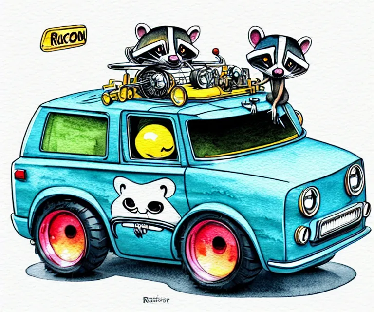 Image similar to cute and funny, racoon wearing a helmet riding in a tiny hot rod with oversized engine, ratfink style by ed roth, centered award winning watercolor pen illustration, isometric illustration by chihiro iwasaki, edited by range murata, tiny details by artgerm and watercolor girl, symmetrically isometrically centered