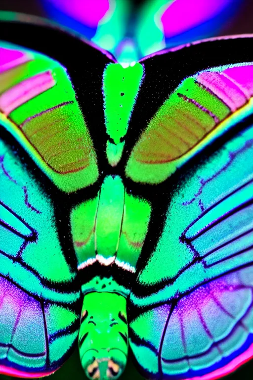 Prompt: high quality macro photo iridescent cecropia moth! jeweled gorgeous! highly detailed concept art david ligare elson peter cinematic neon lighting high quality low angle hd 8k sharp shallow depth of field