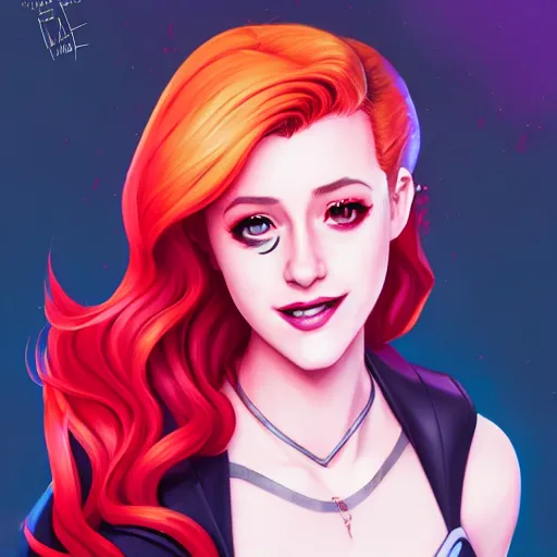 Image similar to a portrait of Lili Reinhart Batgirl comics, red hair, art by lois van baarle and loish and ross tran and rossdraws and sam yang and samdoesarts and artgerm, digital art, highly detailed, intricate, sharp focus, Trending on Artstation HQ, deviantart, unreal engine 5, 4K UHD image